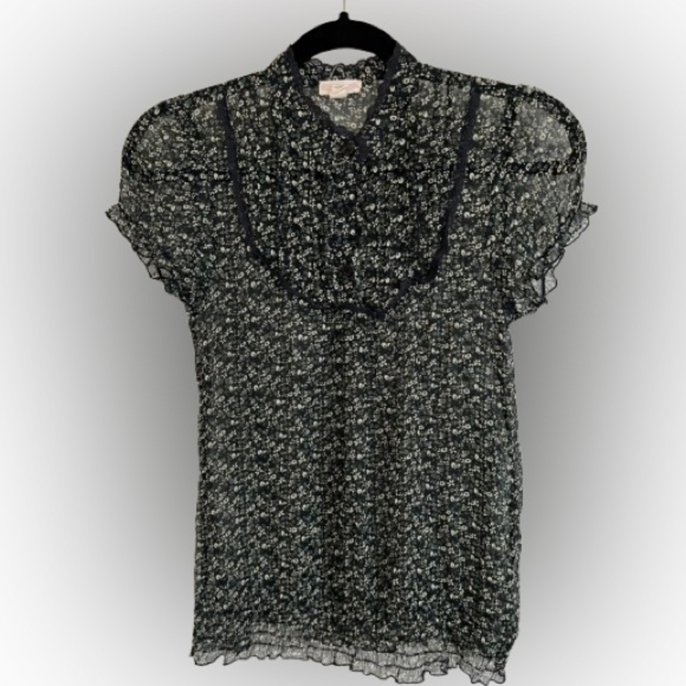Sugar Tart Black Sheer Short Sleeve Ruffle Bib Blouse Size S